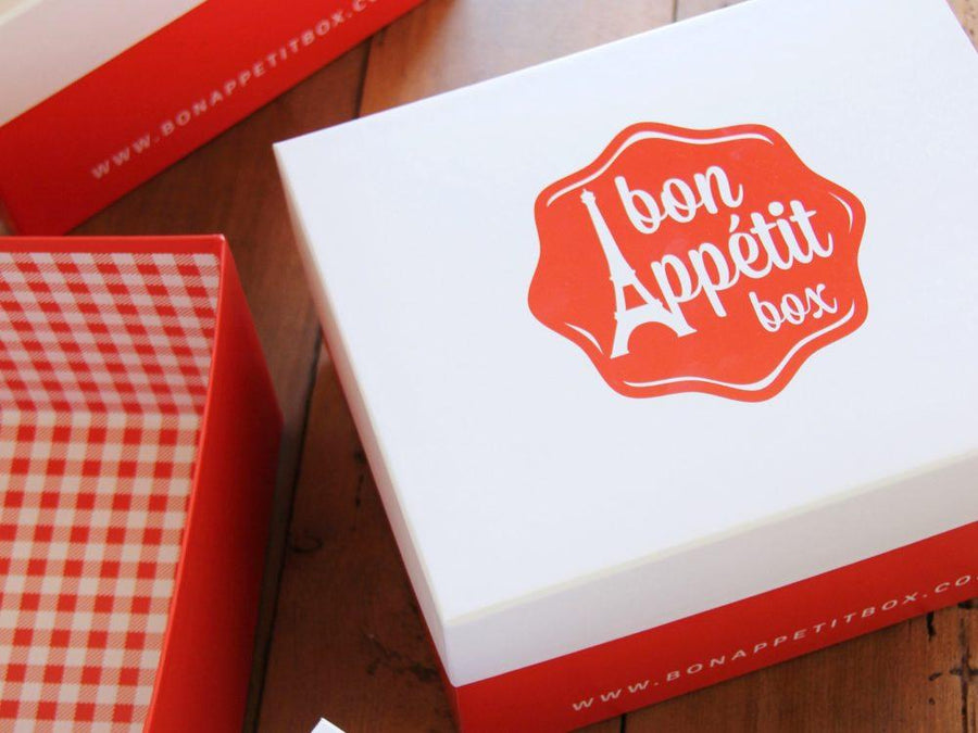 Our own beautiful Bon Appétit Box packaging included in this gourmet French food box